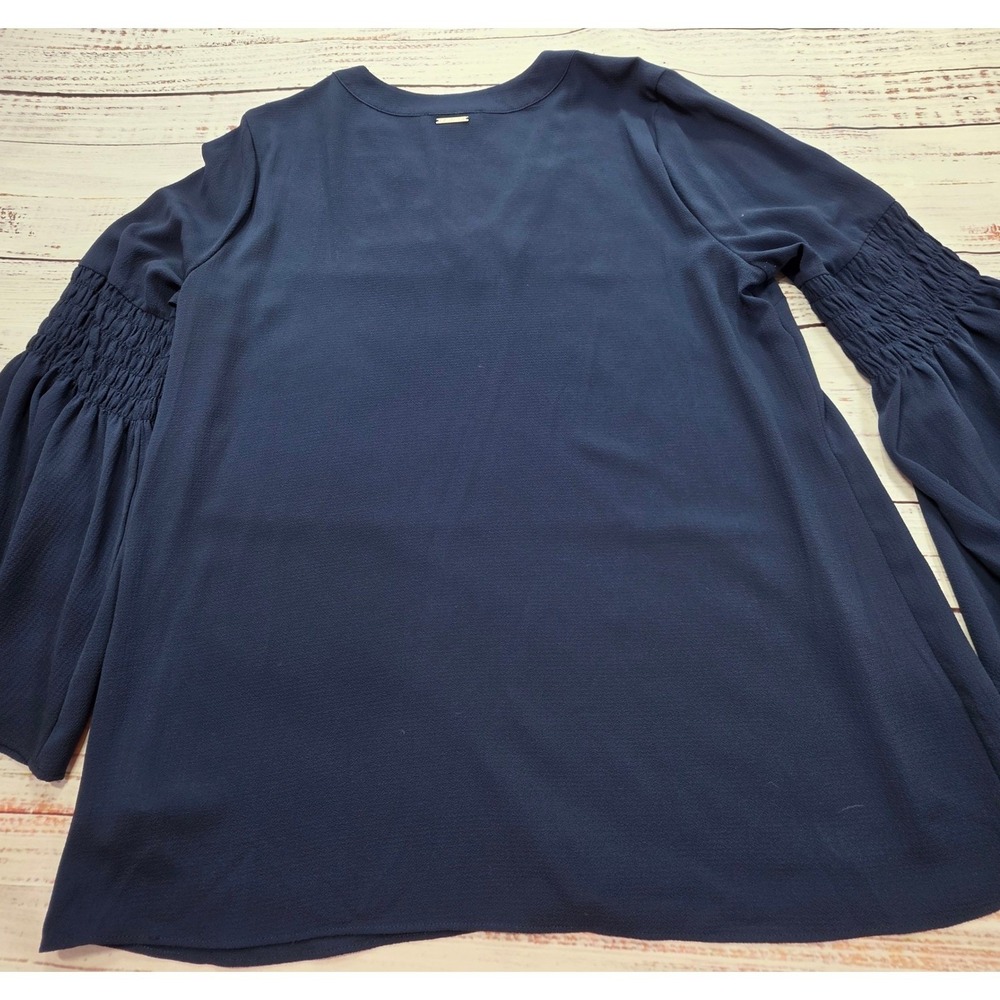 Michael Kors V Neck Blouse Women XL Navy Blue Excellent Smocked Bell Sleeve - Picture 5 of 10